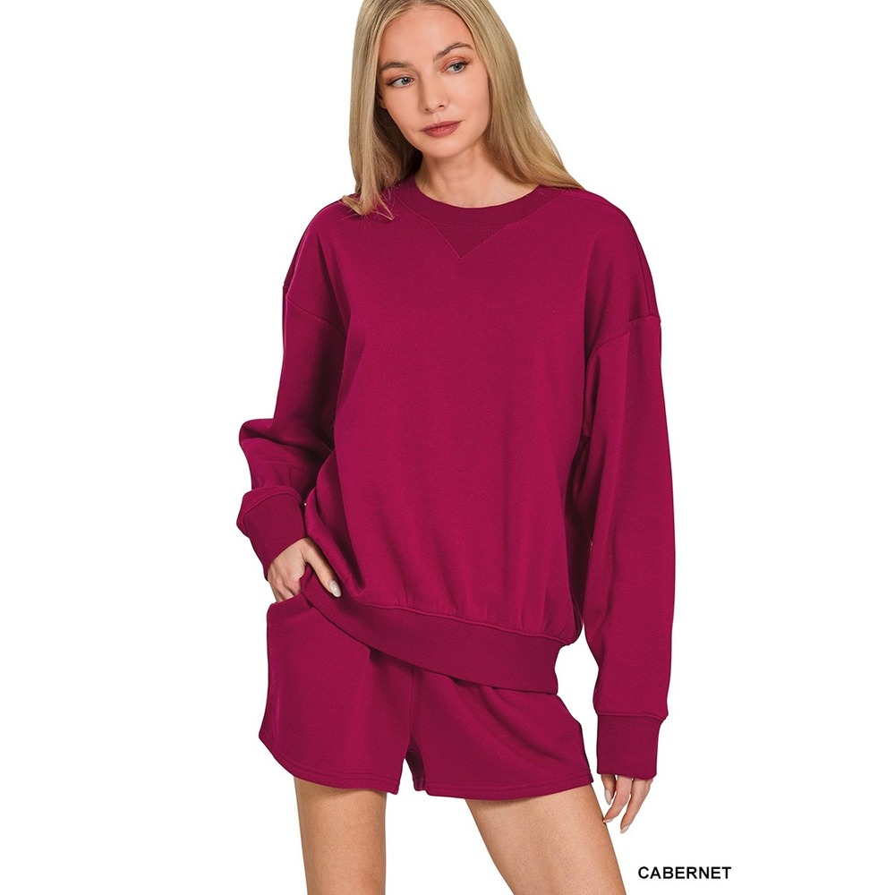 Zenana Sweatshirt Shorts Set Women Medium Cabernet NWOT Fleece OTOP-4397A5